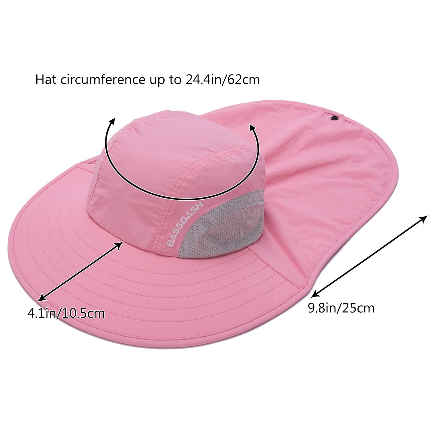 BASSDASH UPF 50+ Unisex Water Resistant Wide Brim Sun Hat with Large Neck Flap Ponytail Fishing Hat for Men Women