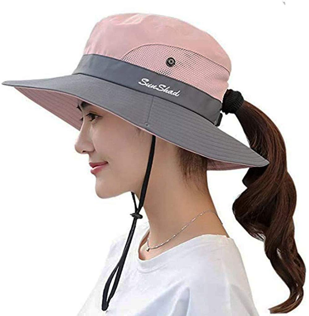 Women's Summer Sun-Hat Ponytail - Outdoor UV-Protection Mesh Wide Brim Foldable Hat with Ponytail Hole
