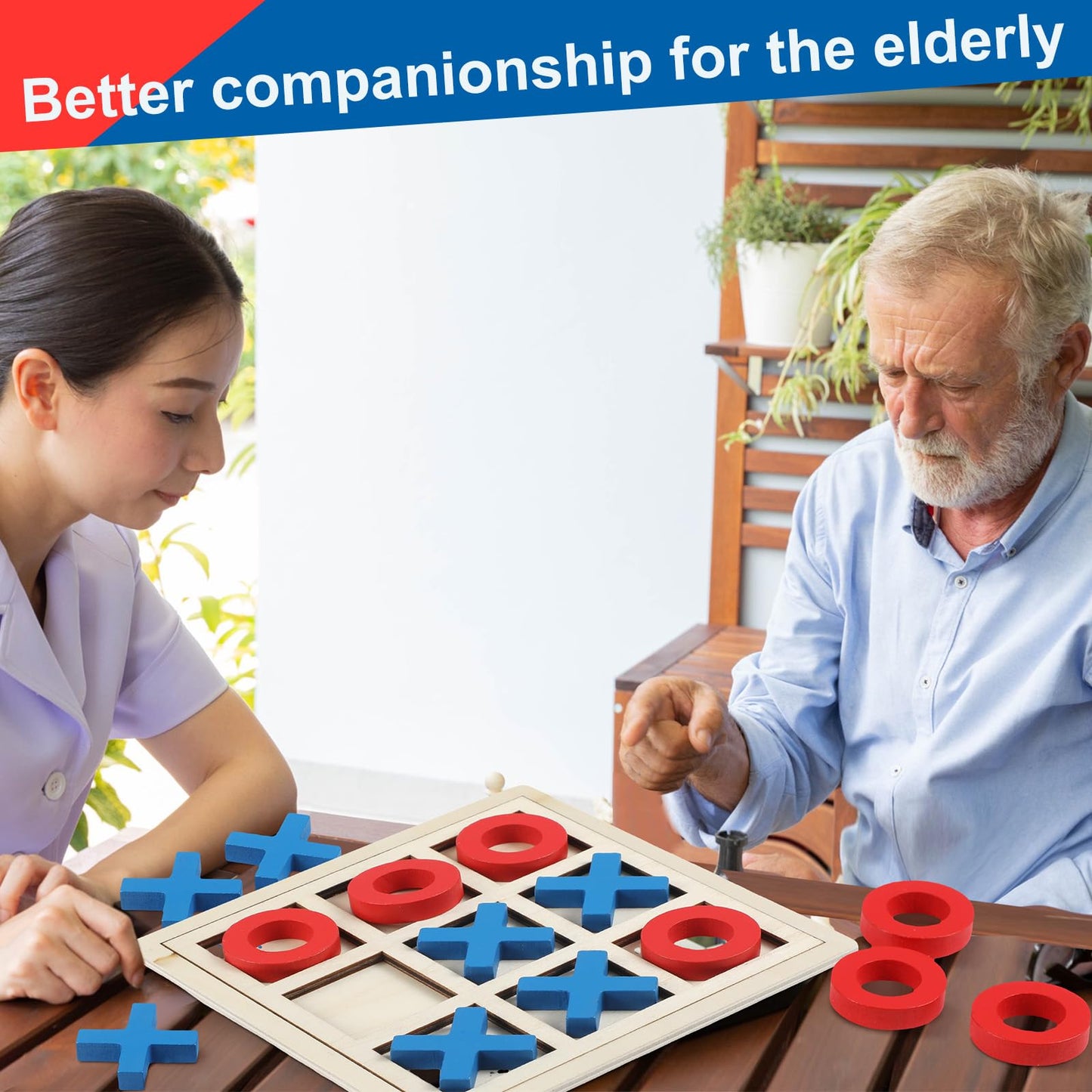 Seenelling Jumbo Wooden Tic Tac Toe Game Dementia Activities for Alzheimers Seniors with Matching and Puzzle Templates XO Chess Board Game for Elderly Engaging Table Decor(Blue, Red)