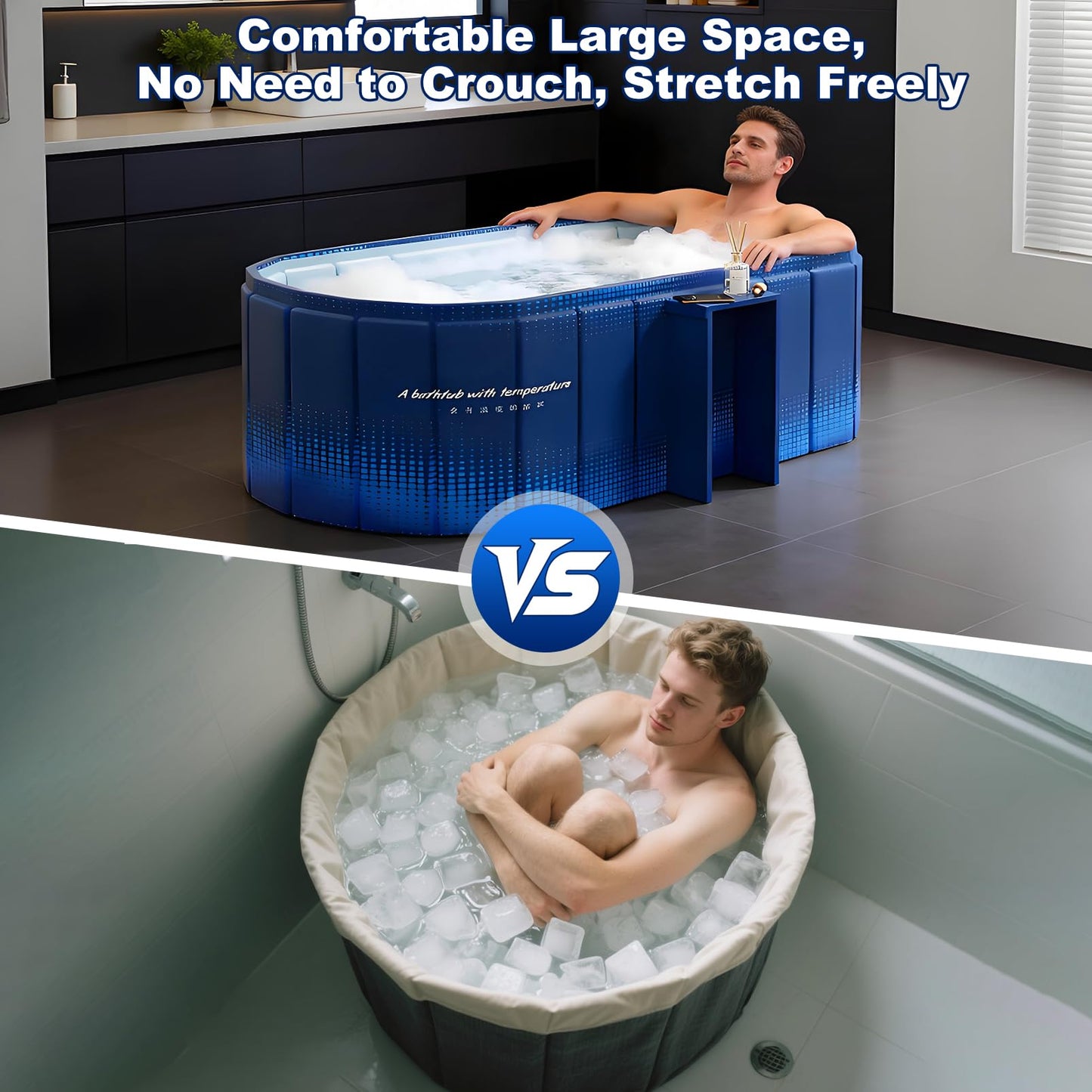 Portable Bathtub for Adult 59" Large Collapsible Cold Plunge Bathtub Foldable No Installation Ice Bath Tub for Shower Stall, Bathroom Hot SPA Soaking Standing Tub