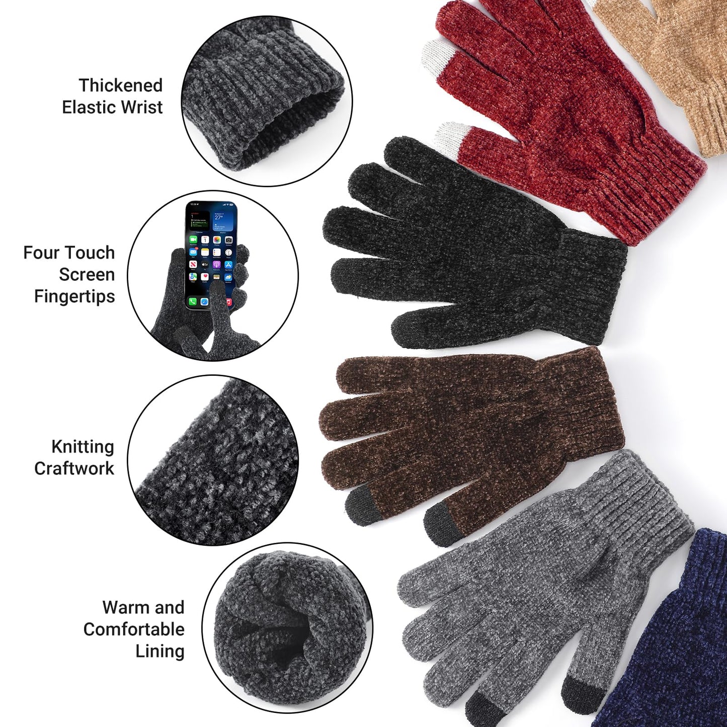 Winter Beanie Hat Circle Scarf Gloves Set for Men Women, Thick Warm Chenille Skull Cap Touchscreen Gloves Neck Warmer