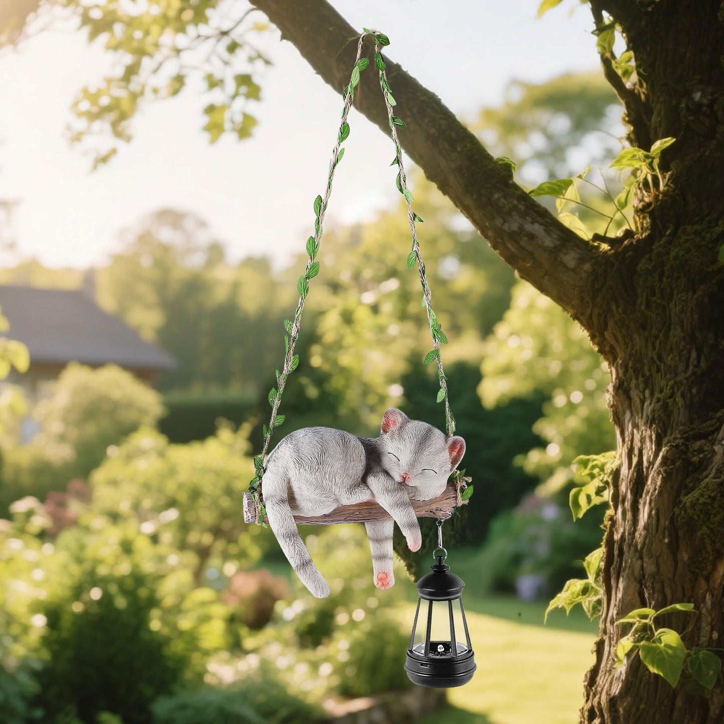 Solar Lighted Garden Outdoor Statue, 22.6" H Hanging Swing Lying with A Sleeping Cat and A LED Lantern, Resin Animal Figurine Hanging Ornaments with Hook for Decoration & Gift
