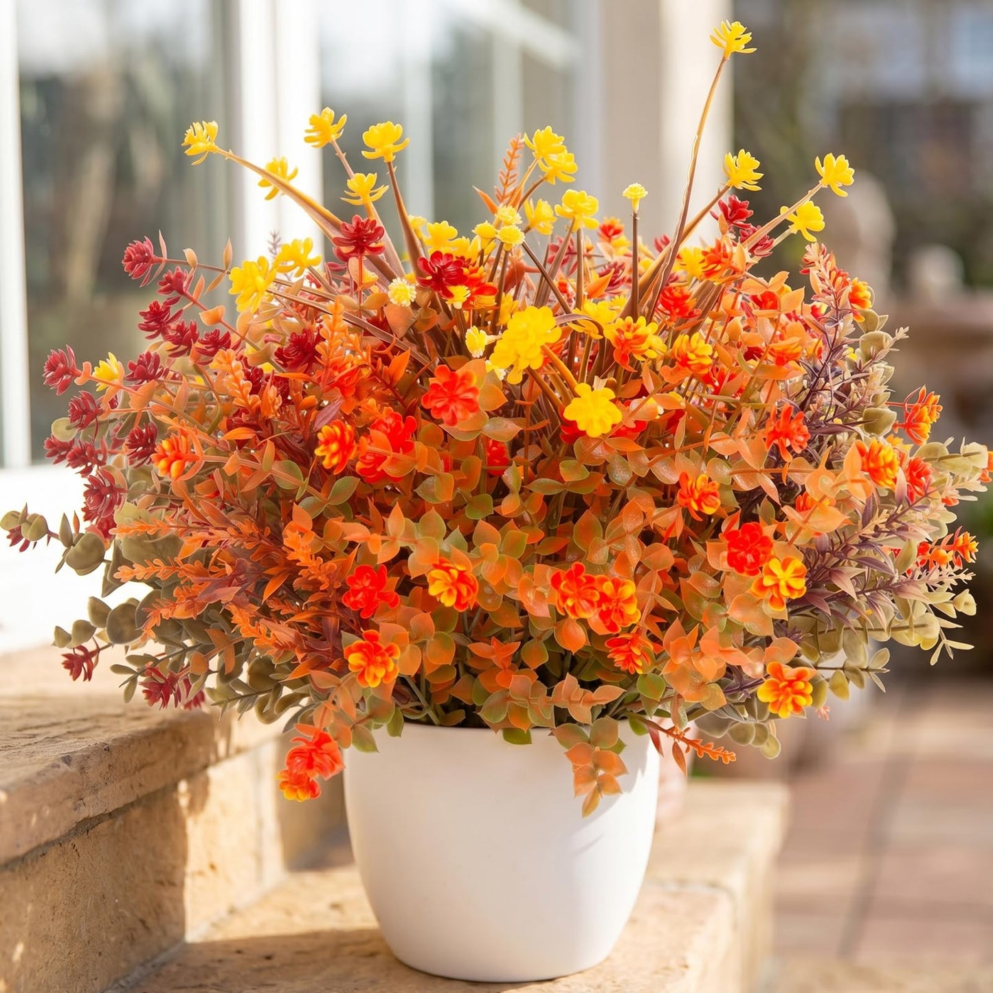 Hananona 12 Pcs Artificial Flowers Outdoor, Faux Artificial Plants UV Resistant Plastic Flower Bulk for Hanging Planter Porch Window Home Wedding Fall Summer Decor (12, Fuchsia, Purple, Yellow, Green)