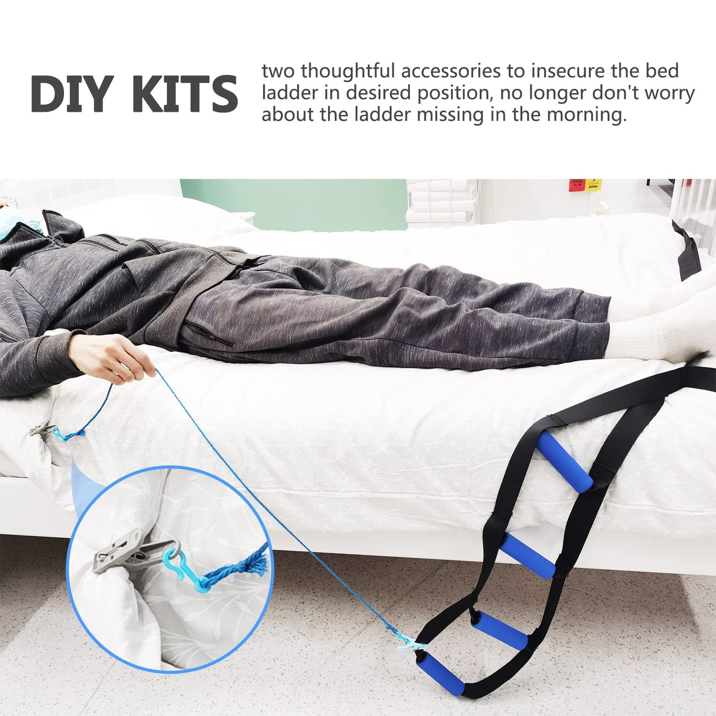 Bed Ladder Assist,Pull up Helper and Sit up Helper 4 Handle Grips,Bed Rail Assistance Devices Adjustable Length Bed Lift for Most Beds Mobility Aid for Elderly, Handicapped,Injured (95 INCHES)
