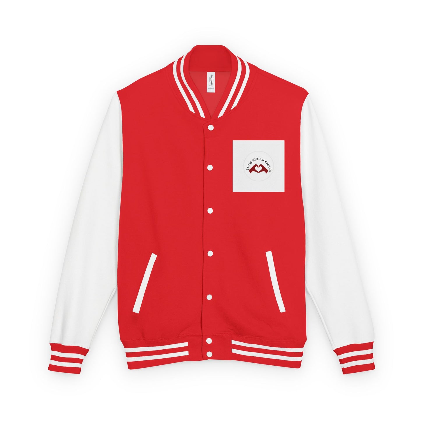 Red & White Letterman Jacket – Classic Varsity Style with Pocket Crest