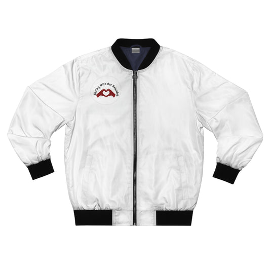 White Bomber Jacket with Red Mountain Logo — Men's Lightweight Zip-Up