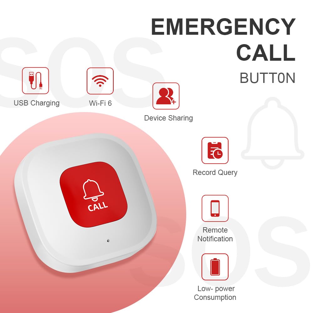 WiFi Caregiver Call Button for Elderly at Home w App Notification, Elderly Monitoring, Caregiver Pager, Life Alert Systems for Seniors No Monthly Fee,Compatible with Tuya Smart/Smart Life APP (1)