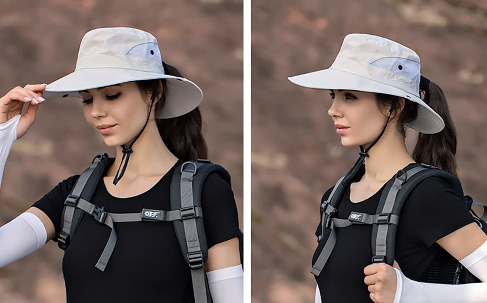 Women's Summer Sun-Hat Ponytail - Outdoor UV-Protection Mesh Wide Brim Foldable Hat with Ponytail Hole