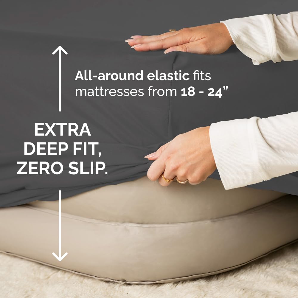 Air Mattress Sheet Set for Full Size - 4 Piece Breathable & Cooling Sheets w/Extra Deep Pockets - Fits Inflatable & Blow Up Air Mattresses Up to 24 Inches Thick - Soft and Wrinkle Free - Dark Grey