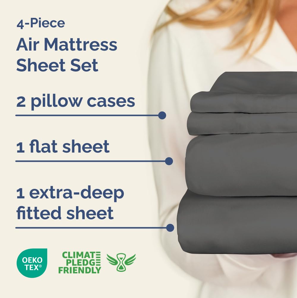 Air Mattress Sheet Set for Full Size - 4 Piece Breathable & Cooling Sheets w/Extra Deep Pockets - Fits Inflatable & Blow Up Air Mattresses Up to 24 Inches Thick - Soft and Wrinkle Free - Dark Grey