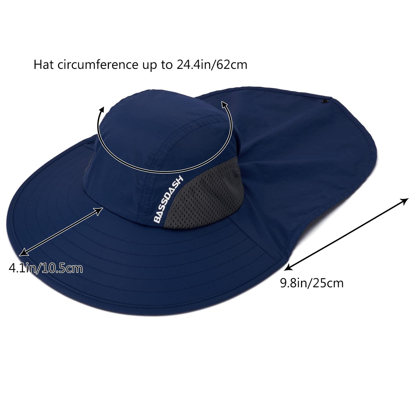 BASSDASH UPF 50+ Unisex Water Resistant Wide Brim Sun Hat with Large Neck Flap Ponytail Fishing Hat for Men Women