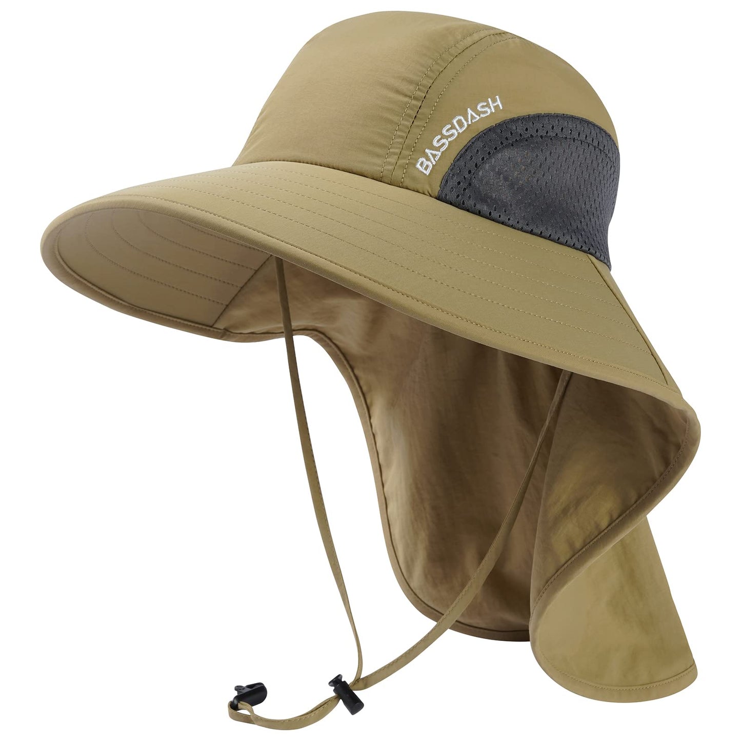 BASSDASH UPF 50+ Unisex Water Resistant Wide Brim Sun Hat with Large Neck Flap Ponytail Fishing Hat for Men Women