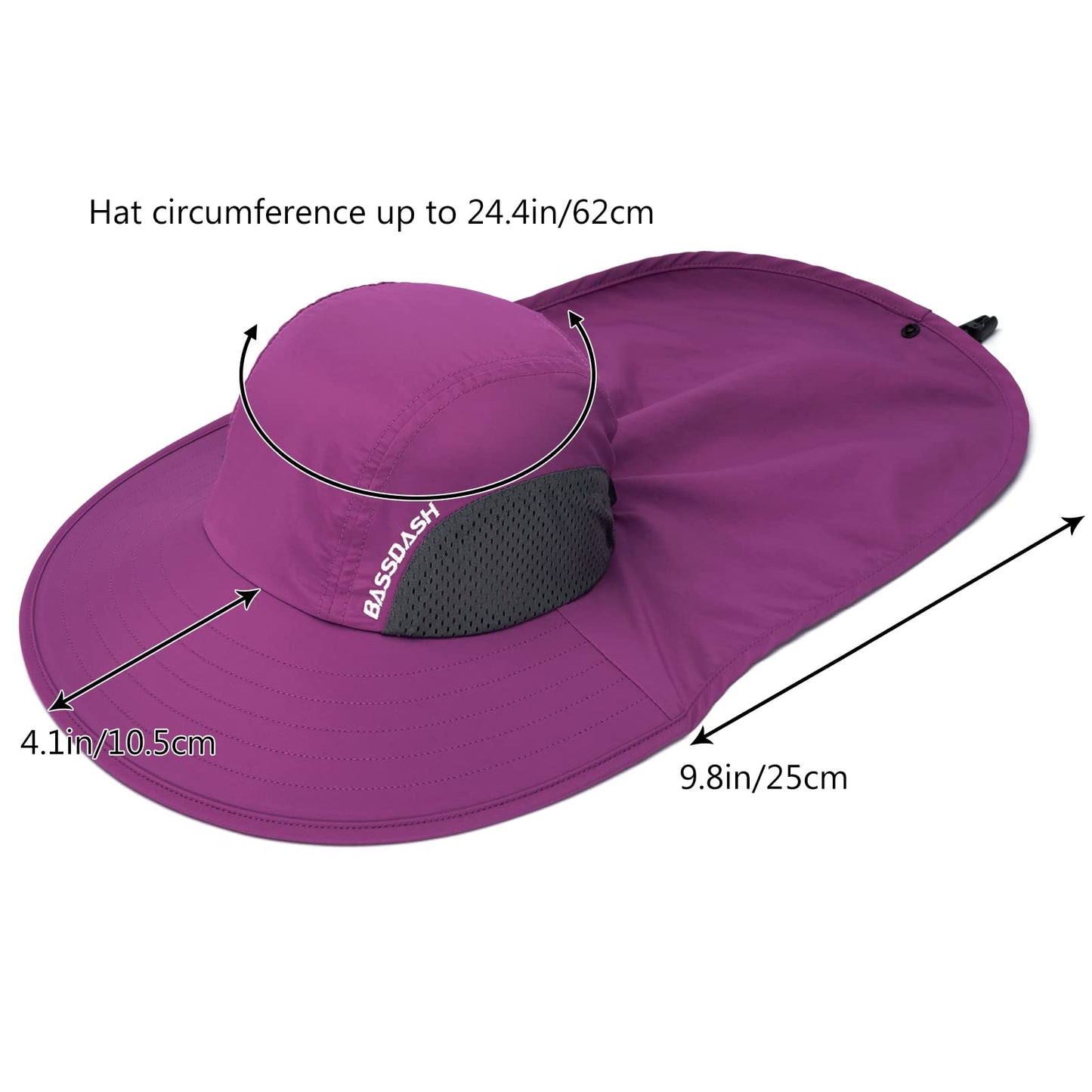 BASSDASH UPF 50+ Unisex Water Resistant Wide Brim Sun Hat with Large Neck Flap Ponytail Fishing Hat for Men Women