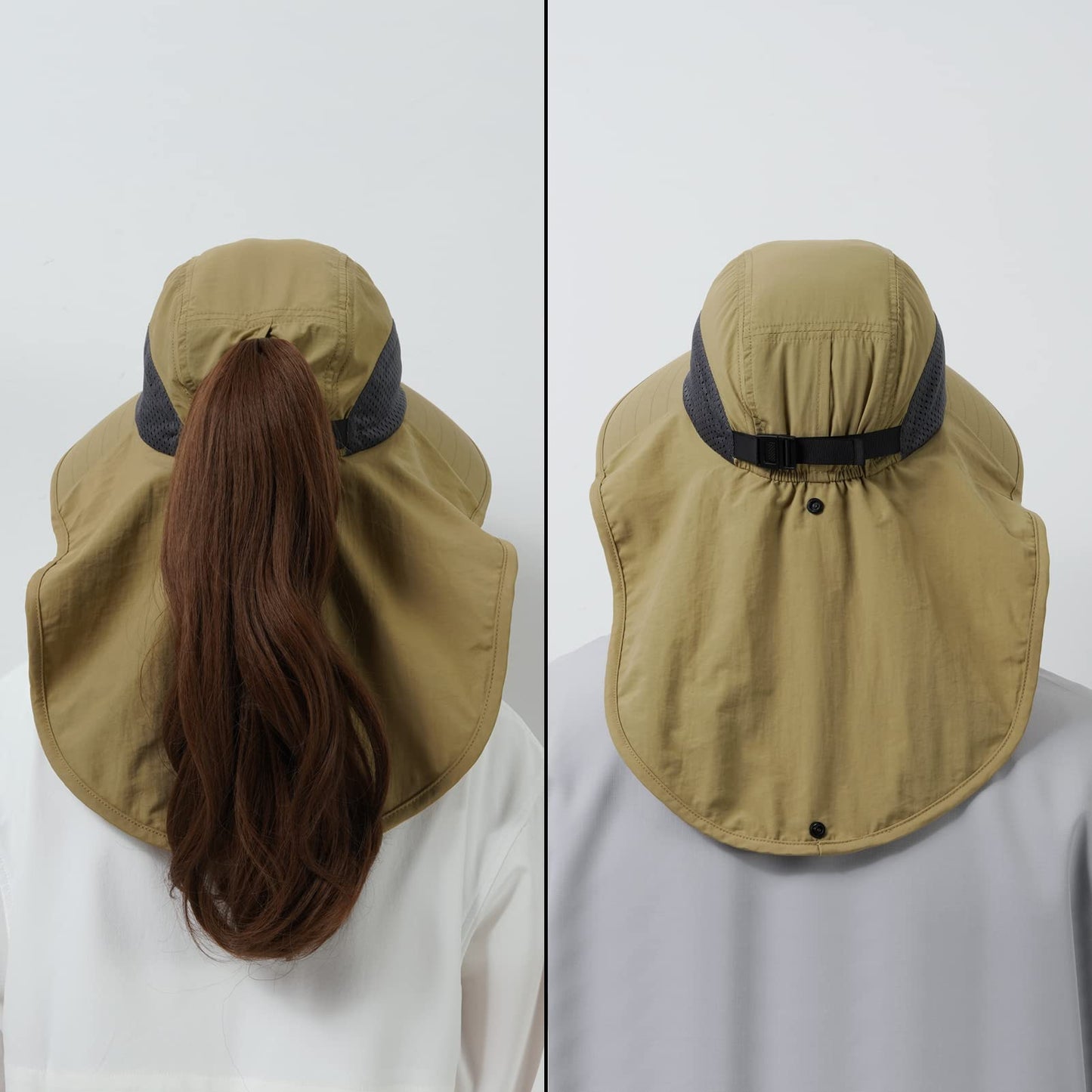 BASSDASH UPF 50+ Unisex Water Resistant Wide Brim Sun Hat with Large Neck Flap Ponytail Fishing Hat for Men Women