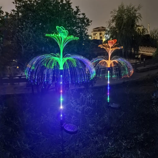 2 Packs of LED Solar Double-Layer Jellyfish Butterfly Lights, Seven Color Gradient Outdoor Courtyard Decoration, Wireless Dusk to Dawn Waterproof Garden Road Landscape Lights