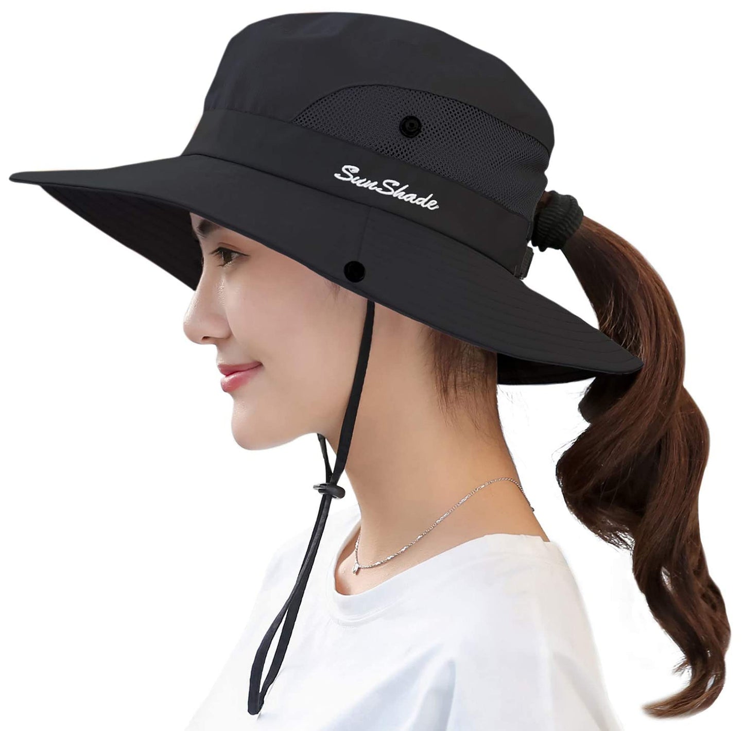 Women's Summer Sun-Hat Ponytail - Outdoor UV-Protection Mesh Wide Brim Foldable Hat with Ponytail Hole