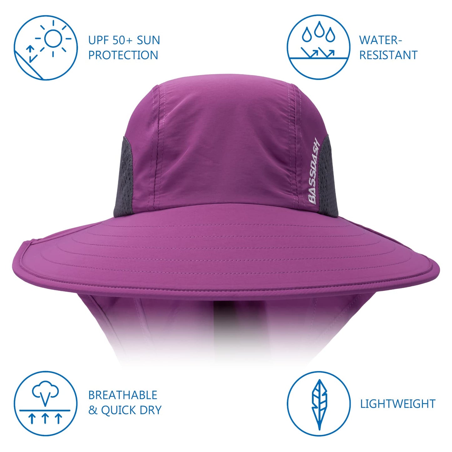 BASSDASH UPF 50+ Unisex Water Resistant Wide Brim Sun Hat with Large Neck Flap Ponytail Fishing Hat for Men Women