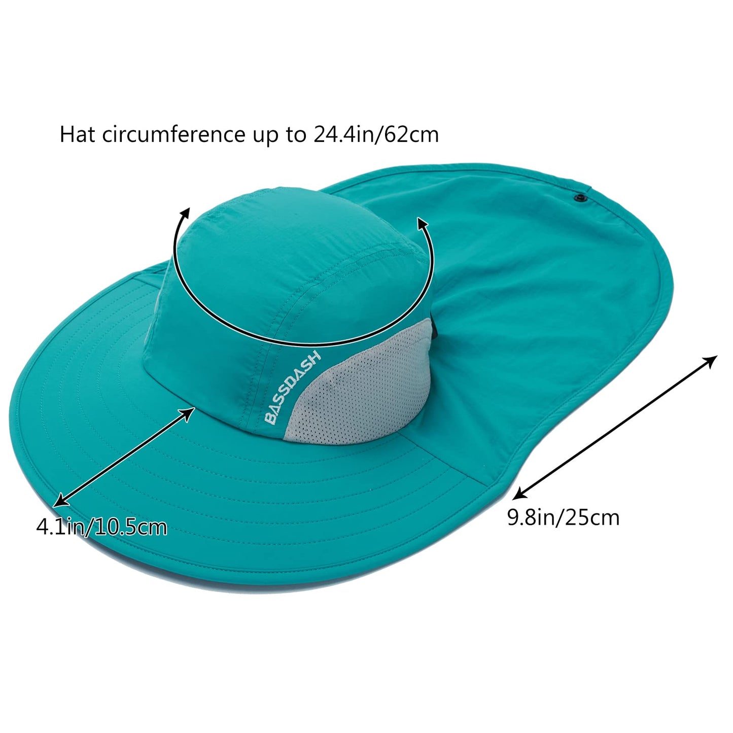 BASSDASH UPF 50+ Unisex Water Resistant Wide Brim Sun Hat with Large Neck Flap Ponytail Fishing Hat for Men Women