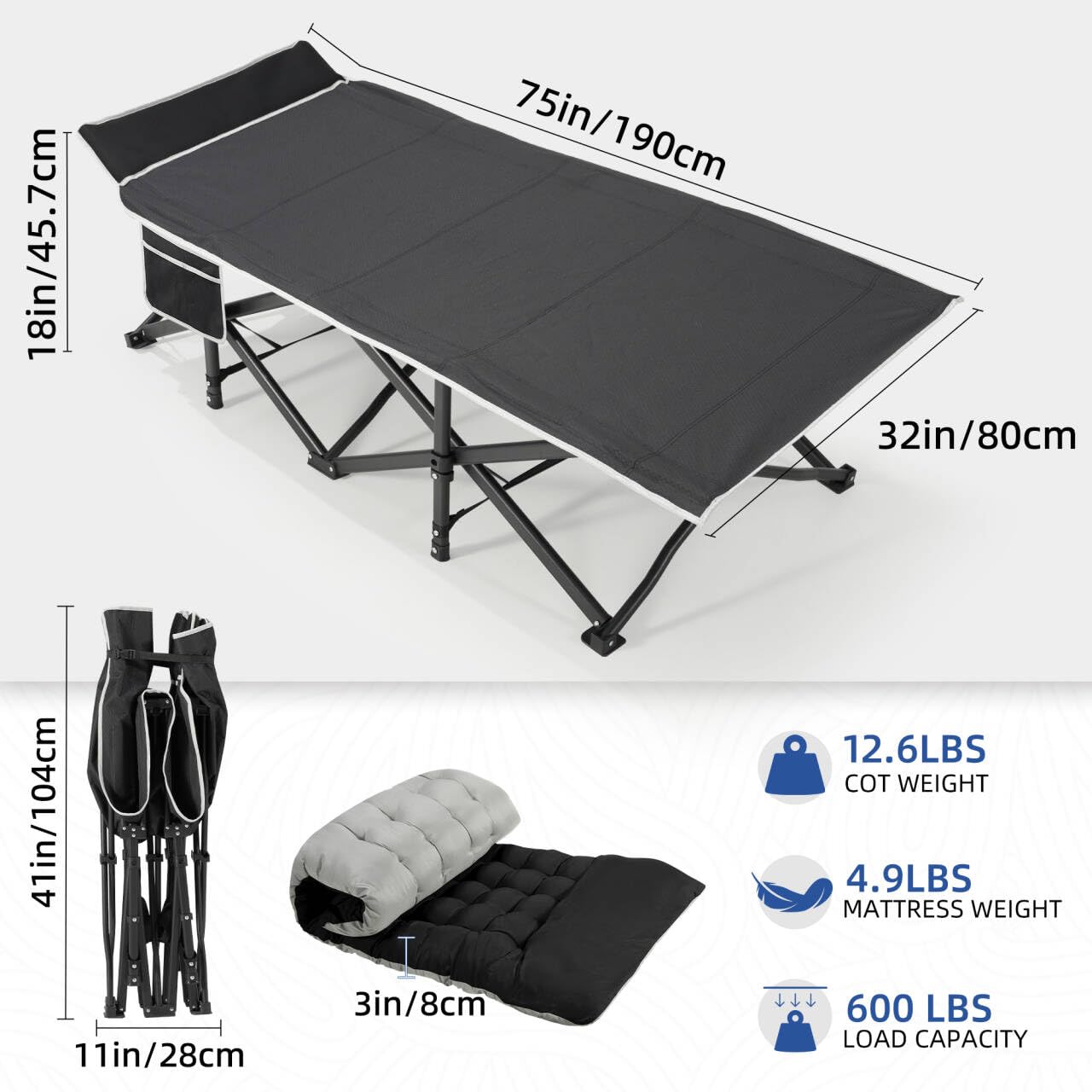 HABUTWAY Camping Cot with Mattress, 32" Extra Wide Camping Cots for Adults, Sleeping Cot for Adults Holds Up to 600LBS, Cots for Sleeping, Camp, Rv, Beach, Patio, Office Naps(Black)