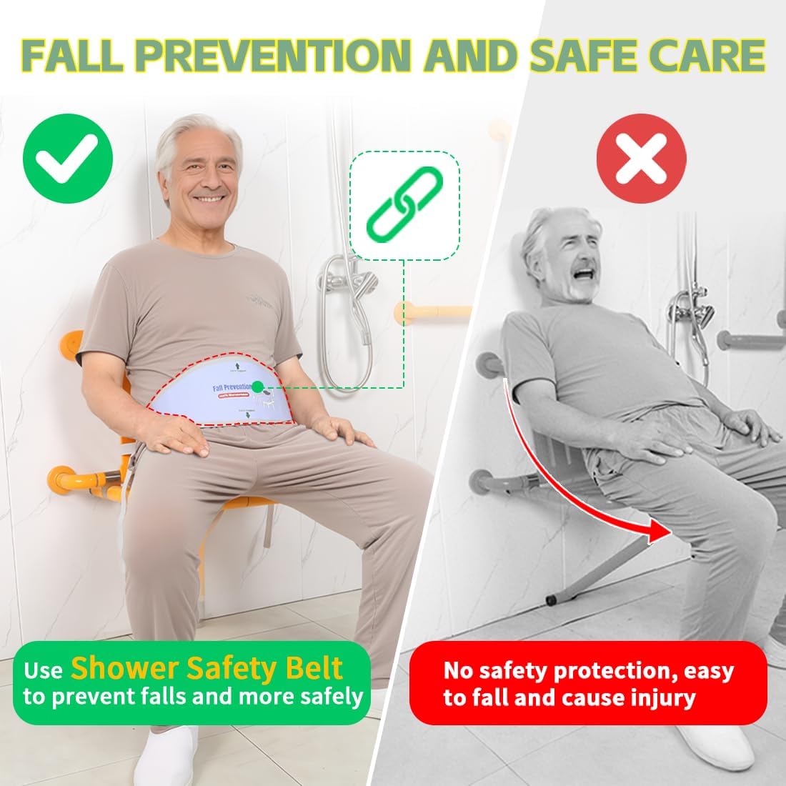 Elderly Shower Chair Seat Anti-Slip Belt - Universal Bath Bench Buckle Strap Prevents Falling for Elderly & Disabled
