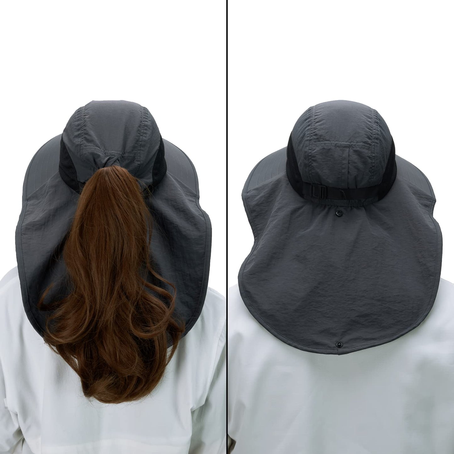 BASSDASH UPF 50+ Unisex Water Resistant Wide Brim Sun Hat with Large Neck Flap Ponytail Fishing Hat for Men Women