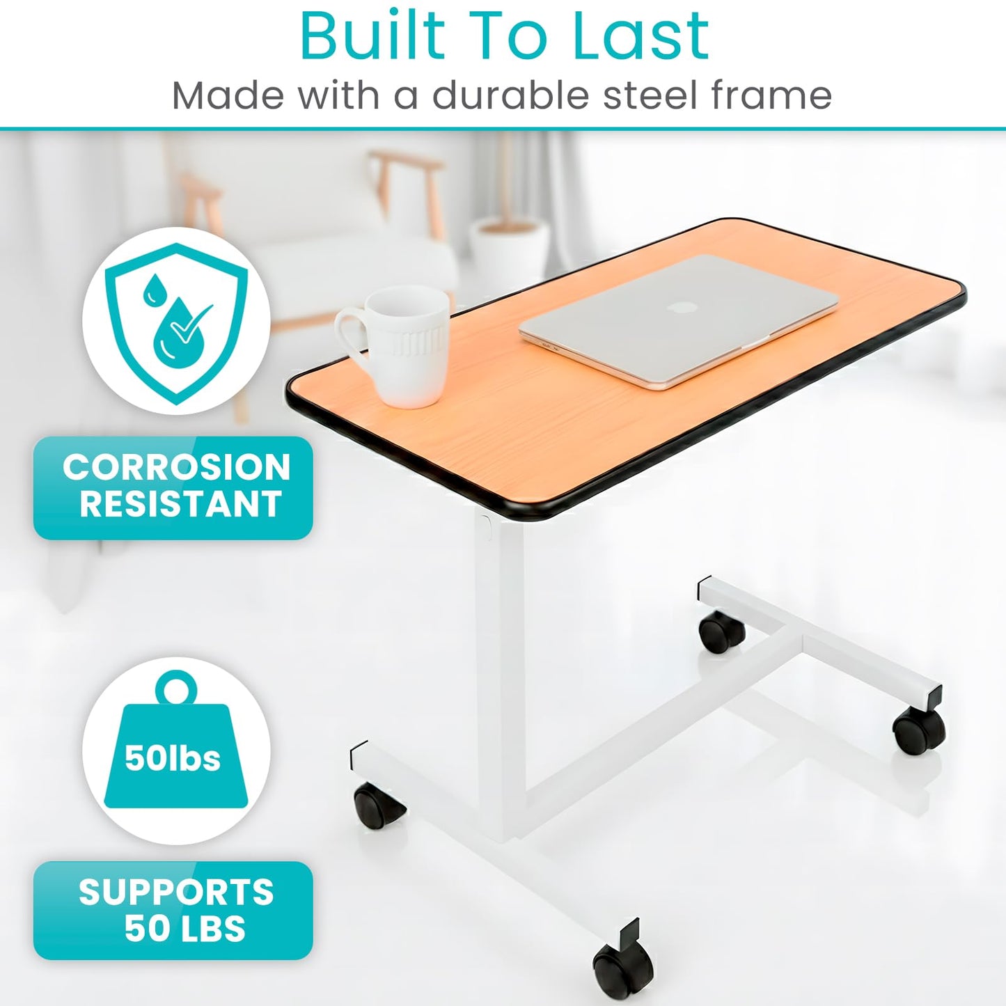 Vive Overbed Hospital Bed Table for Home Use - Adjustable Swivel Wheels & Tray for Over Bed - for Medical Bedside Chair - Adjustable Height, Tilt Top for Reading, Laptop, Bedridden, Elderly, Seniors