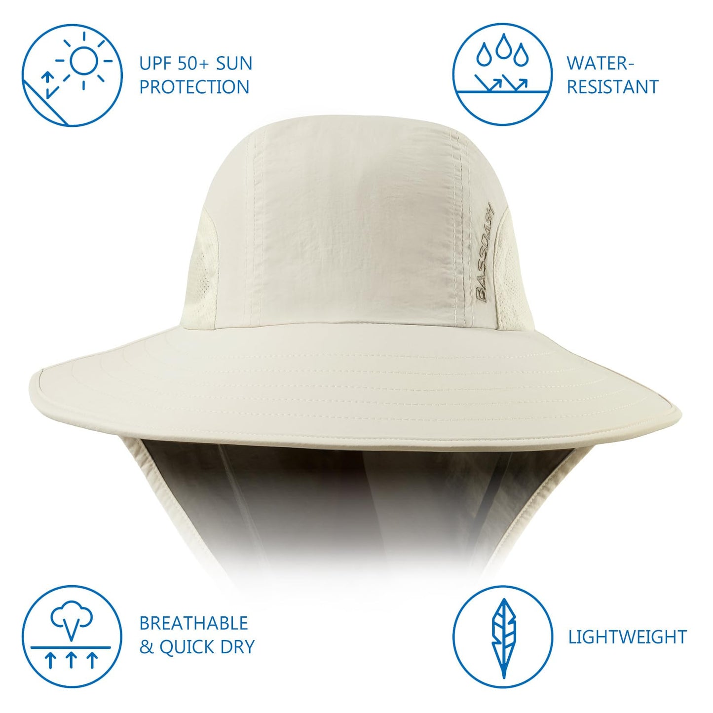 BASSDASH UPF 50+ Unisex Water Resistant Wide Brim Sun Hat with Large Neck Flap Ponytail Fishing Hat for Men Women