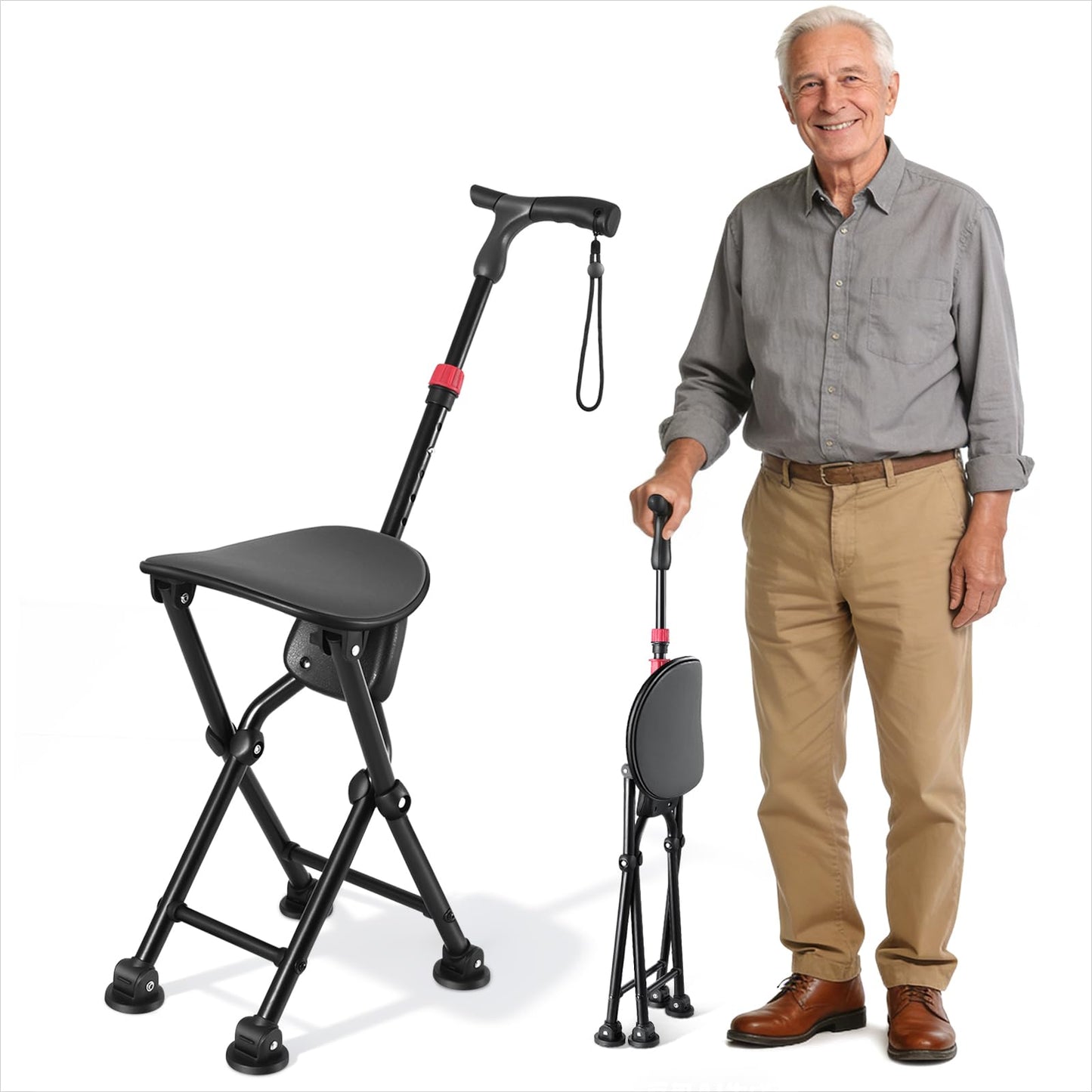Four-Legged Cane with Seat, Unisex Cane with Seat Folding Lightweight, Adjustable Anti-Slip Cane Chair, Walking Cane with Seat Suitable for Men, Women, Adults and Seniors