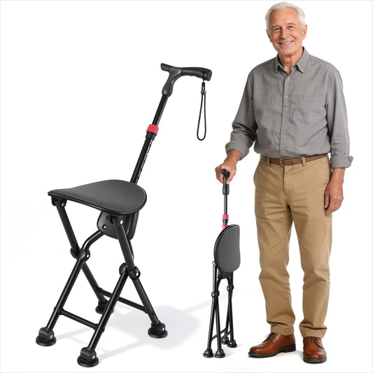 Four-Legged Cane with Seat, Unisex Cane with Seat Folding Lightweight, Adjustable Anti-Slip Cane Chair, Walking Cane with Seat Suitable for Men, Women, Adults and Seniors