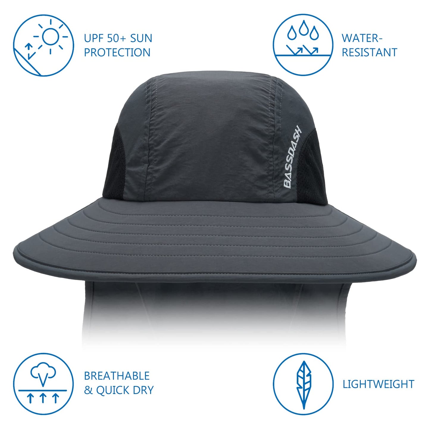 BASSDASH UPF 50+ Unisex Water Resistant Wide Brim Sun Hat with Large Neck Flap Ponytail Fishing Hat for Men Women