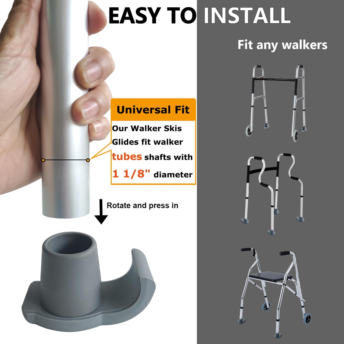 Aliseniors Walker Ski Glides 2 Pack - Universal 1 1/8" Fit Walker Accessories for Senior Folding Mobility Aids - Heavy Duty Smooth Tennis Ball Replacement on All Surfaces, Durable Floor Protection