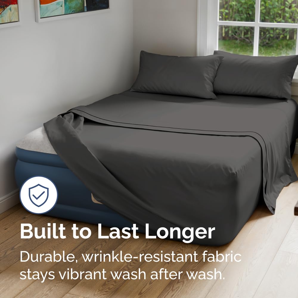 Air Mattress Sheet Set for Full Size - 4 Piece Breathable & Cooling Sheets w/Extra Deep Pockets - Fits Inflatable & Blow Up Air Mattresses Up to 24 Inches Thick - Soft and Wrinkle Free - Dark Grey