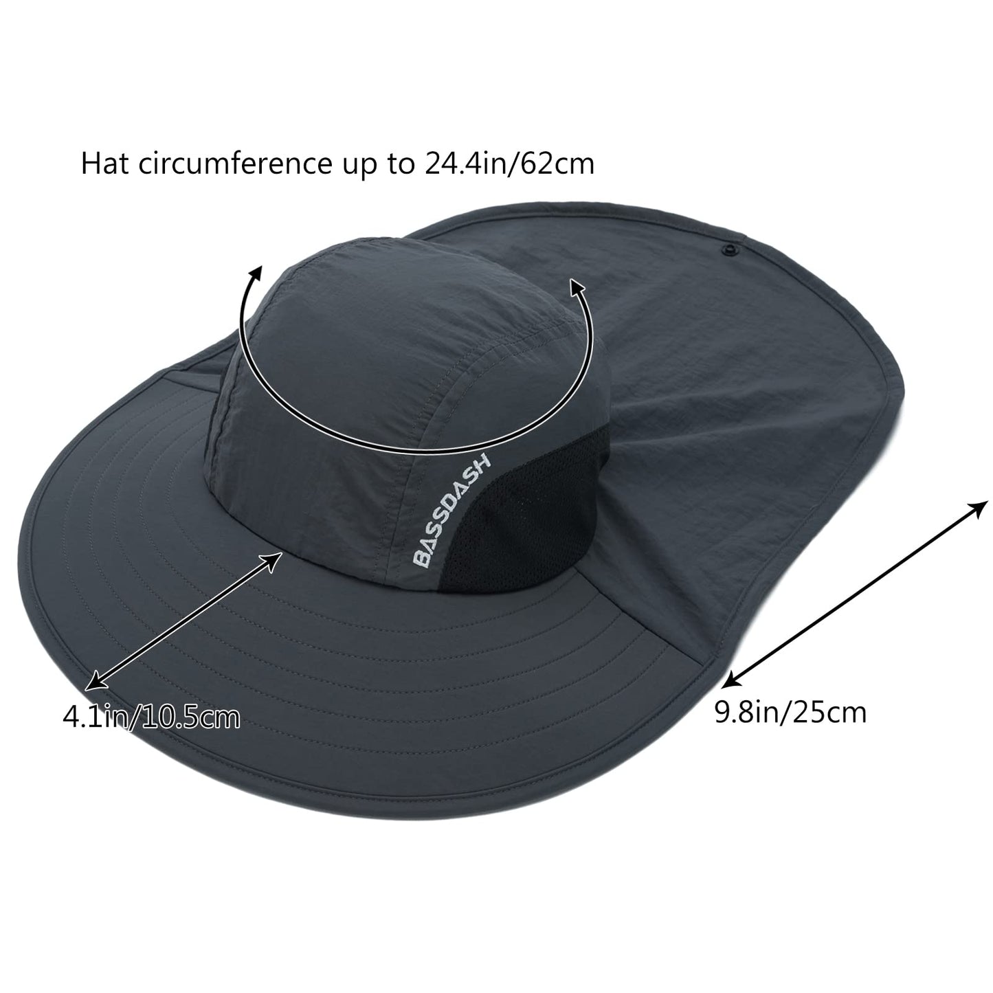 BASSDASH UPF 50+ Unisex Water Resistant Wide Brim Sun Hat with Large Neck Flap Ponytail Fishing Hat for Men Women
