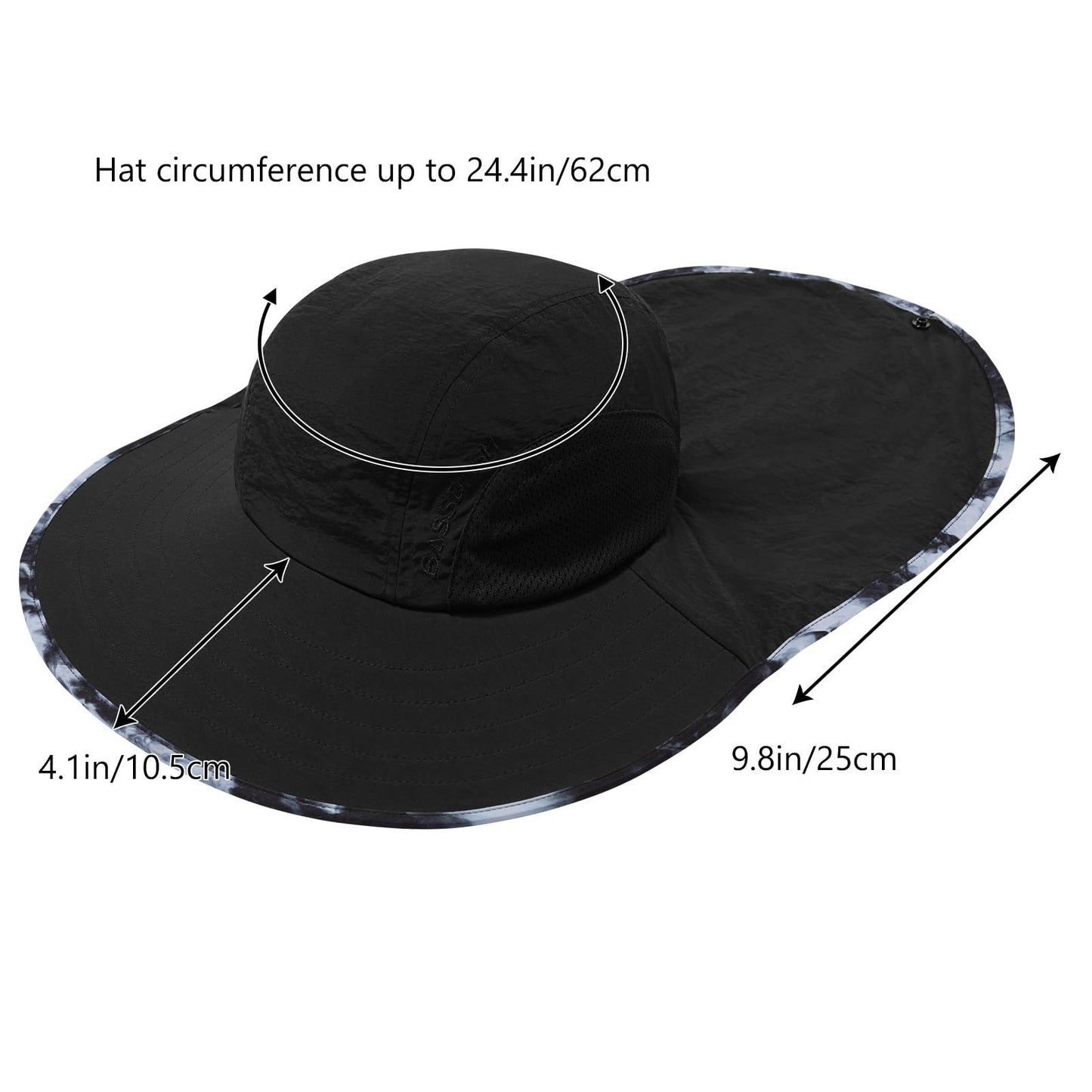 BASSDASH UPF 50+ Unisex Water Resistant Wide Brim Sun Hat with Large Neck Flap Ponytail Fishing Hat for Men Women