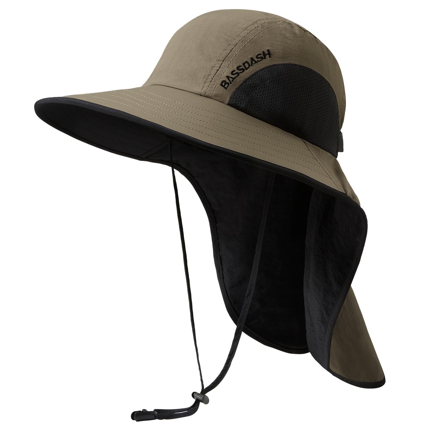 BASSDASH UPF 50+ Unisex Water Resistant Wide Brim Sun Hat with Large Neck Flap Ponytail Fishing Hat for Men Women