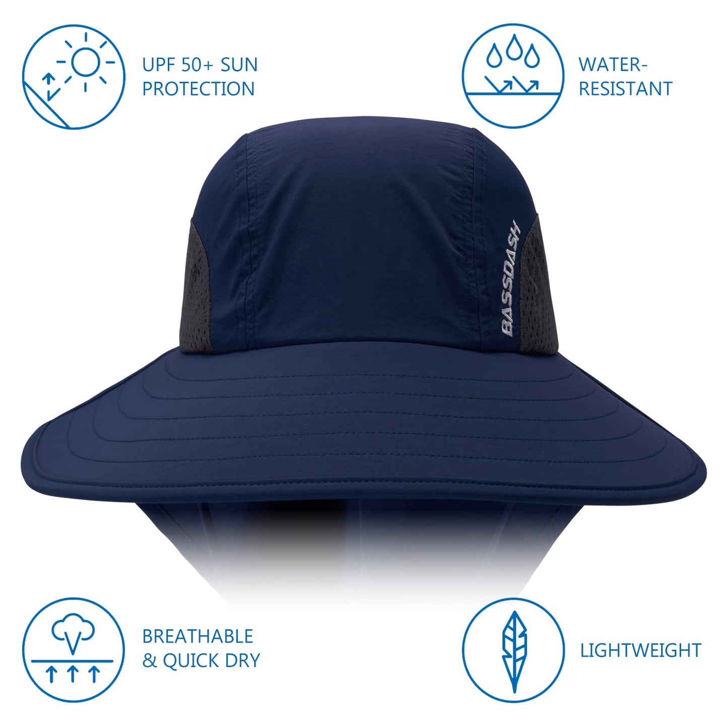 BASSDASH UPF 50+ Unisex Water Resistant Wide Brim Sun Hat with Large Neck Flap Ponytail Fishing Hat for Men Women