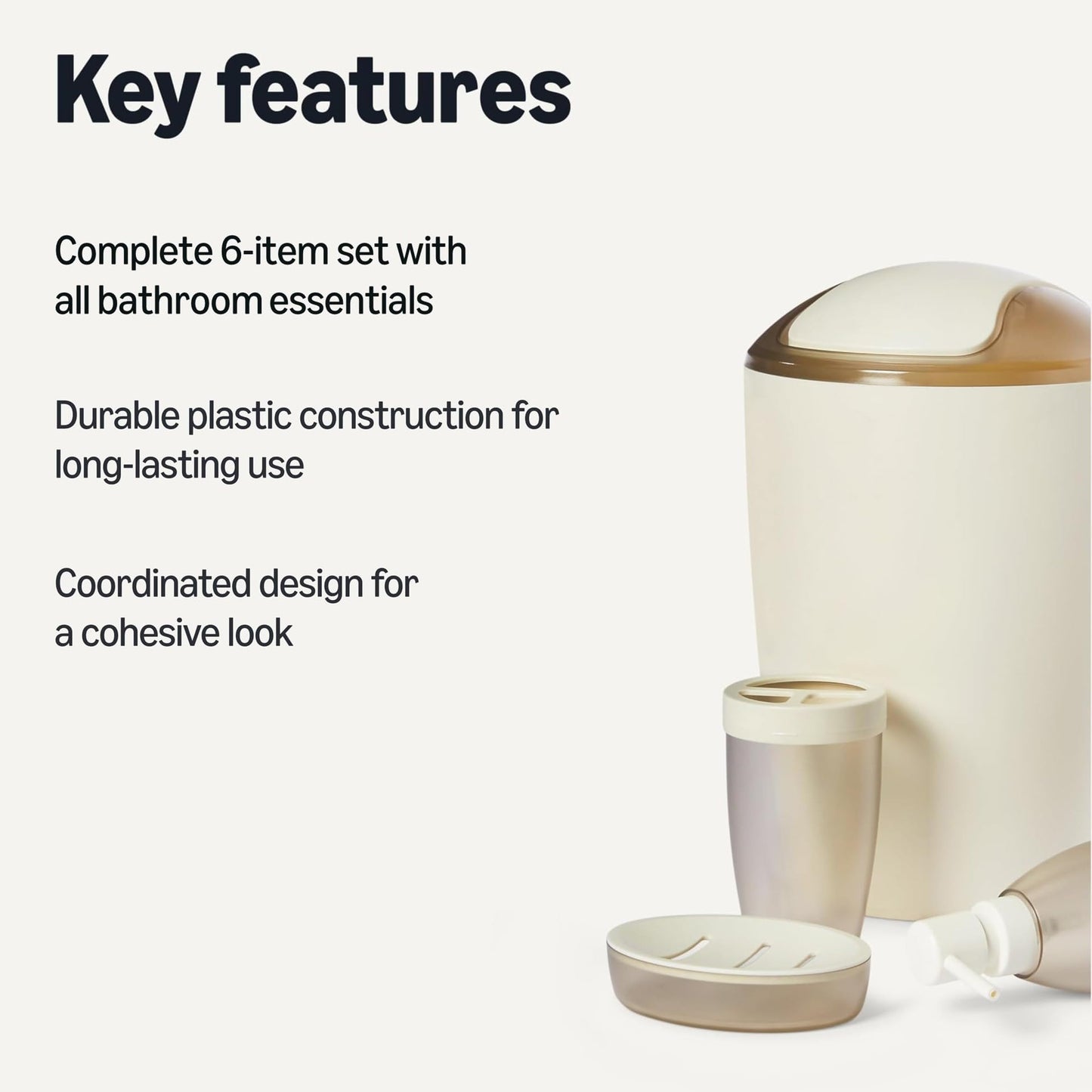 Amazon Basics Bathroom Set, 6-Piece with Toothbrush Holder, Soap Dispenser, Soap Dish, Toothbrush Cup, Trash Can, Toilet Brush and Holder, Grey