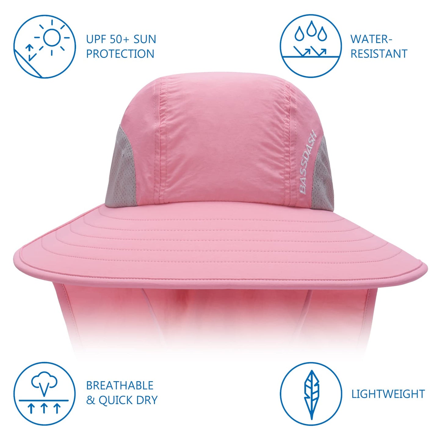 BASSDASH UPF 50+ Unisex Water Resistant Wide Brim Sun Hat with Large Neck Flap Ponytail Fishing Hat for Men Women