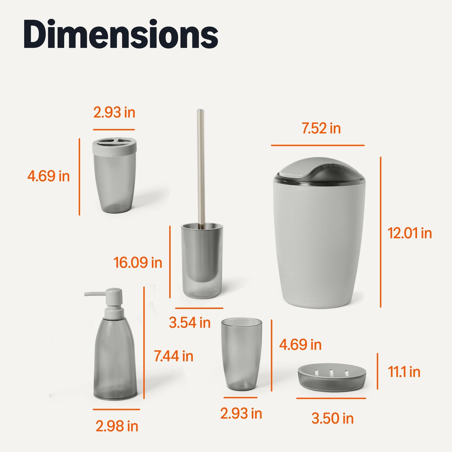 Amazon Basics Bathroom Set, 6-Piece with Toothbrush Holder, Soap Dispenser, Soap Dish, Toothbrush Cup, Trash Can, Toilet Brush and Holder, Grey