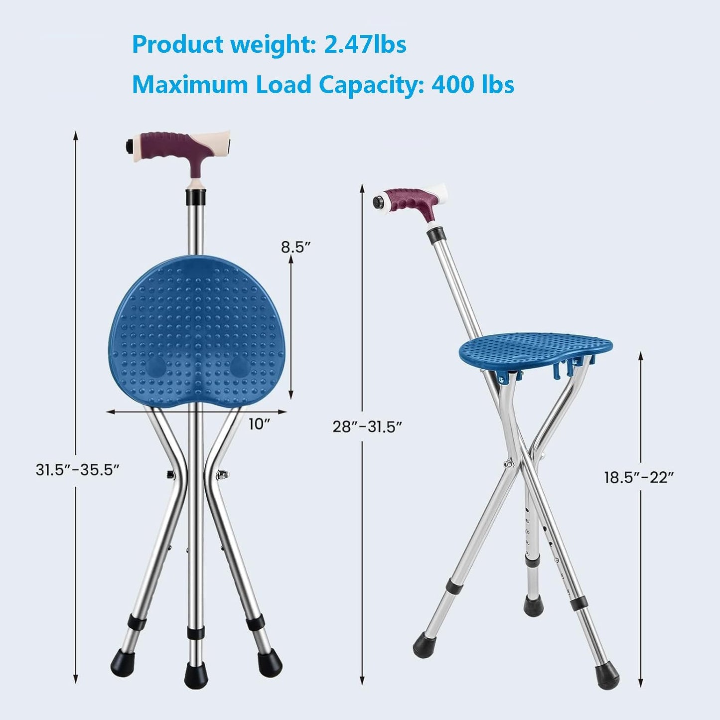 Heavy Duty Folding Cane with Seat Upgraded Tripod Design Walking Stick for Seniors Adjustable Height (32"-36") & Seat (18"-22") Portable Chair Cane for Travel Shopping Outdoor Supports up to 400 LBS