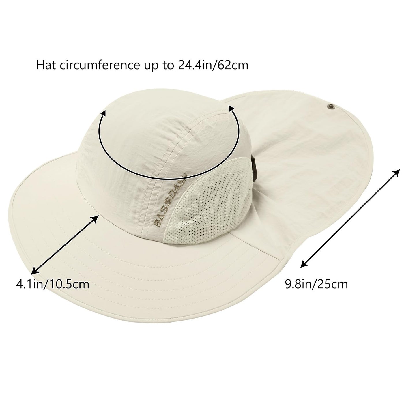 BASSDASH UPF 50+ Unisex Water Resistant Wide Brim Sun Hat with Large Neck Flap Ponytail Fishing Hat for Men Women