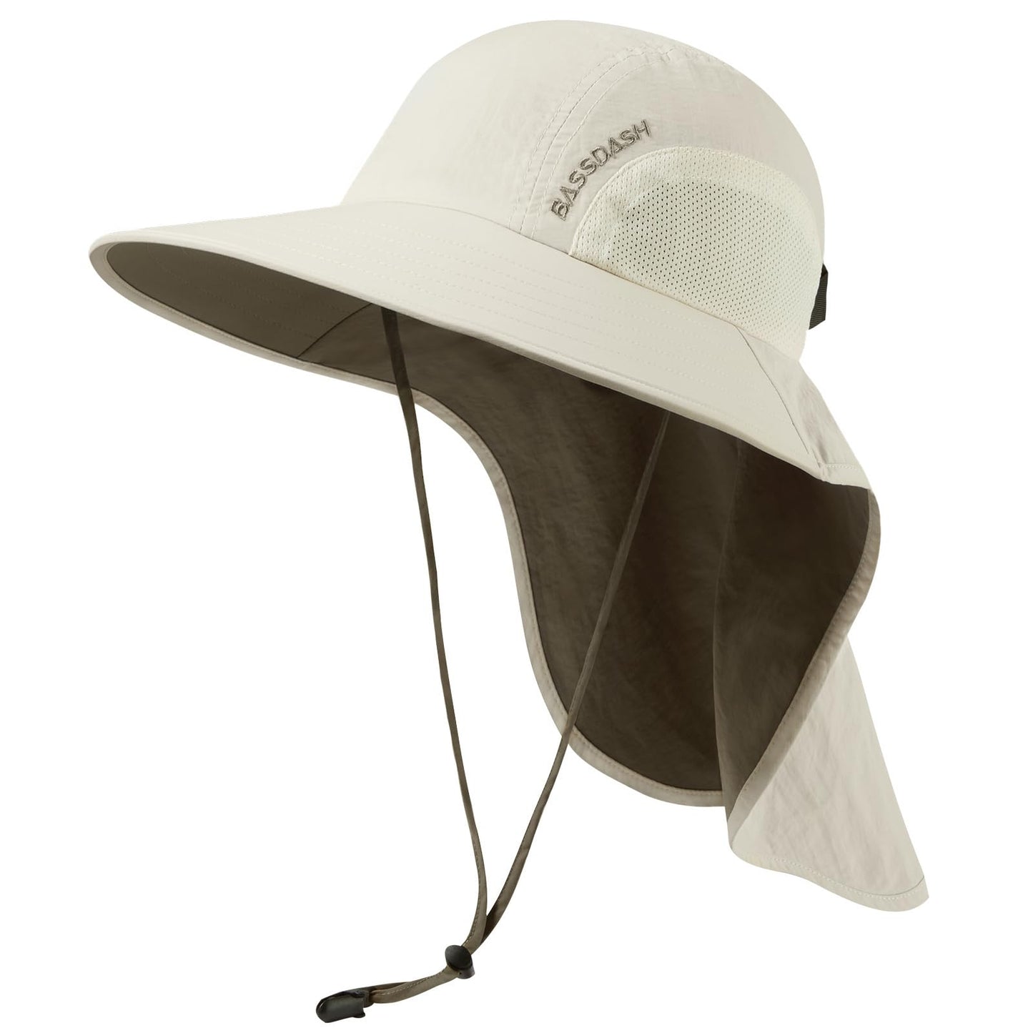 BASSDASH UPF 50+ Unisex Water Resistant Wide Brim Sun Hat with Large Neck Flap Ponytail Fishing Hat for Men Women