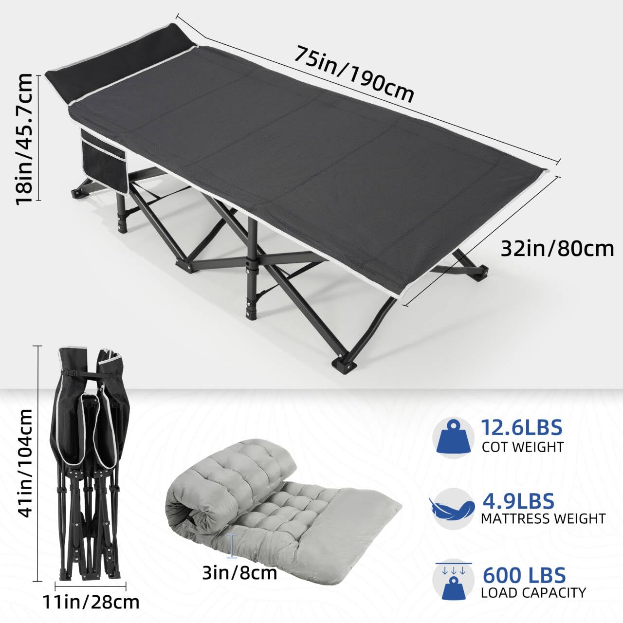 HABUTWAY Camping Cot with Mattress, 32" Extra Wide Camping Cots for Adults, Sleeping Cot for Adults Holds Up to 600LBS, Cots for Sleeping, Camp, Rv, Beach, Patio, Office Naps(Black)