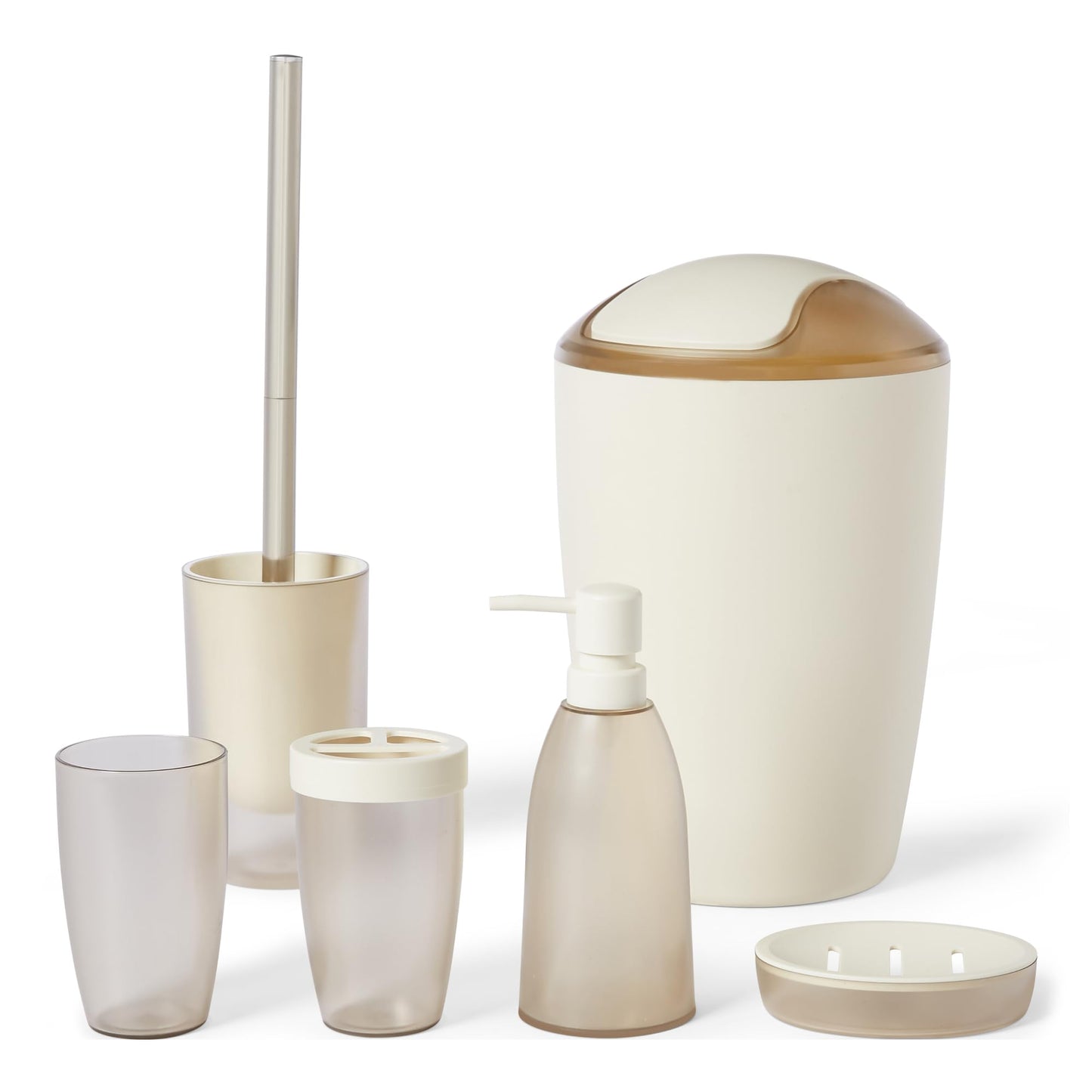 Amazon Basics Bathroom Set, 6-Piece with Toothbrush Holder, Soap Dispenser, Soap Dish, Toothbrush Cup, Trash Can, Toilet Brush and Holder, Grey