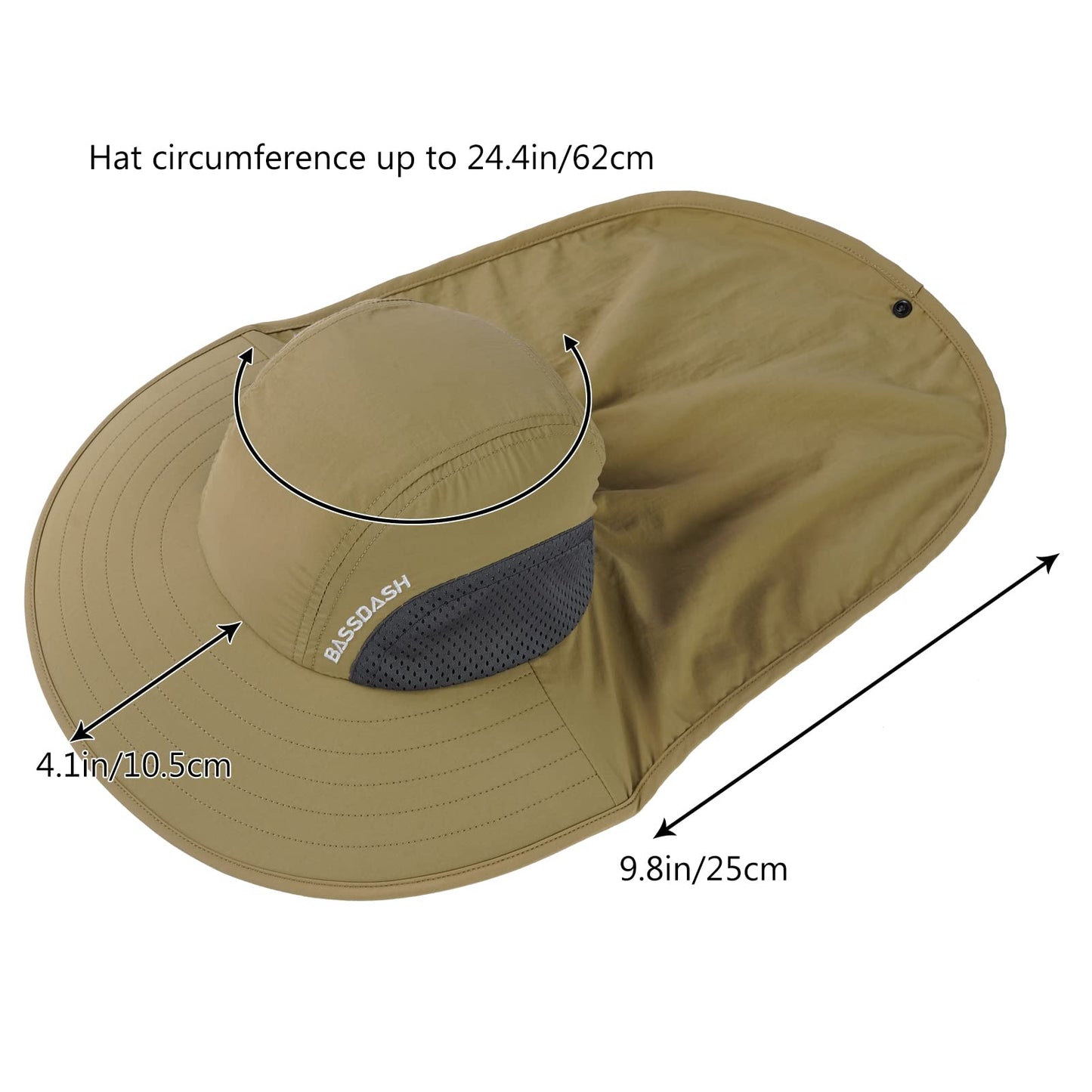 BASSDASH UPF 50+ Unisex Water Resistant Wide Brim Sun Hat with Large Neck Flap Ponytail Fishing Hat for Men Women