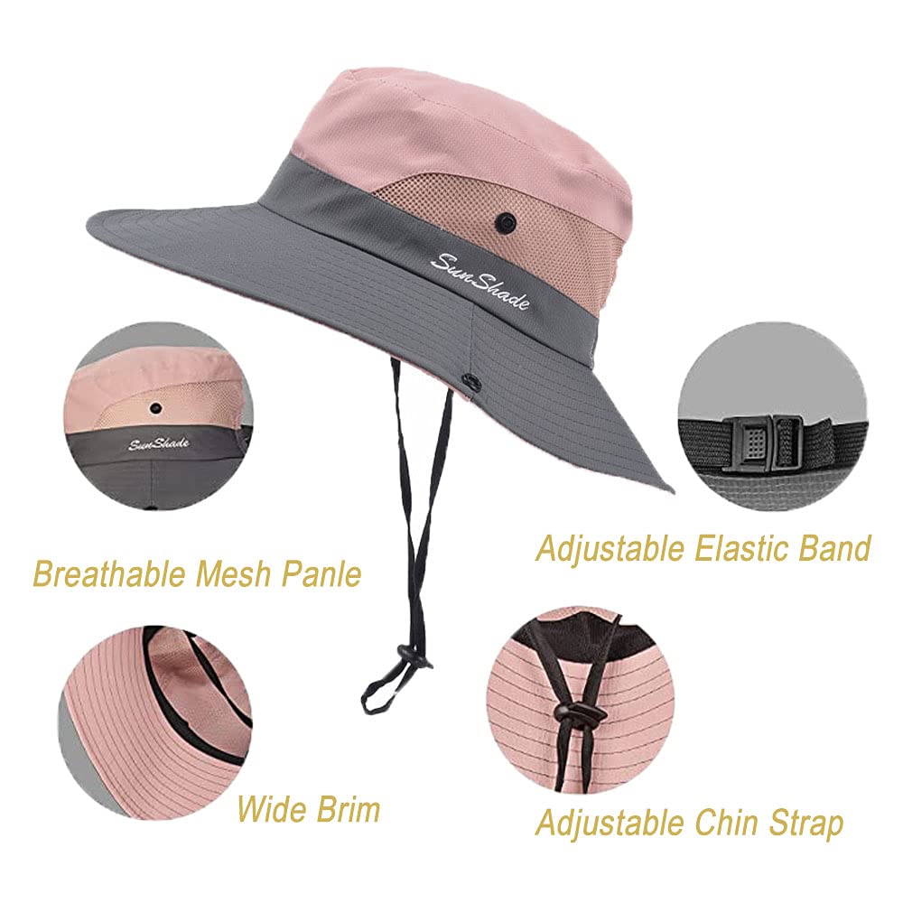 Women's Summer Sun-Hat Ponytail - Outdoor UV-Protection Mesh Wide Brim Foldable Hat with Ponytail Hole