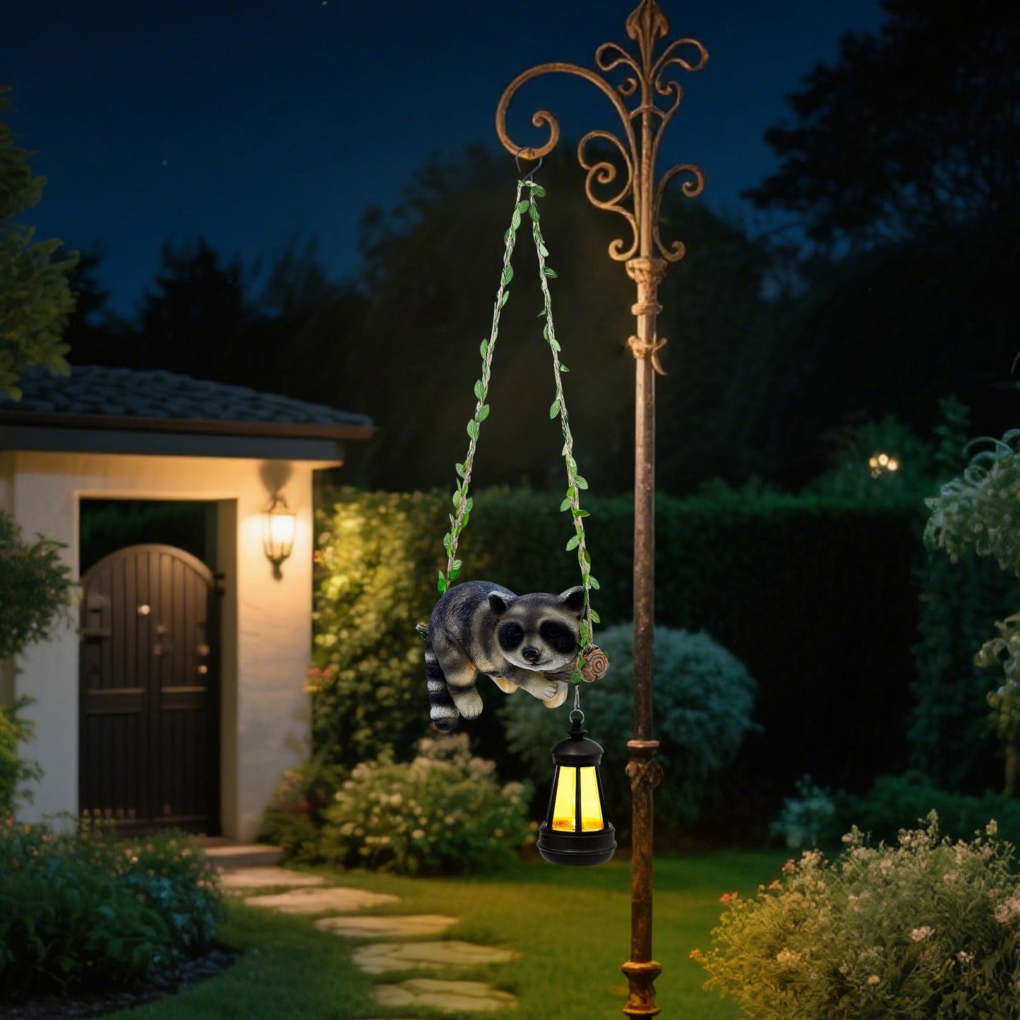 Solar Lighted Garden Outdoor Statue, 22.6" H Hanging Swing Lying with A Sleeping Cat and A LED Lantern, Resin Animal Figurine Hanging Ornaments with Hook for Decoration & Gift