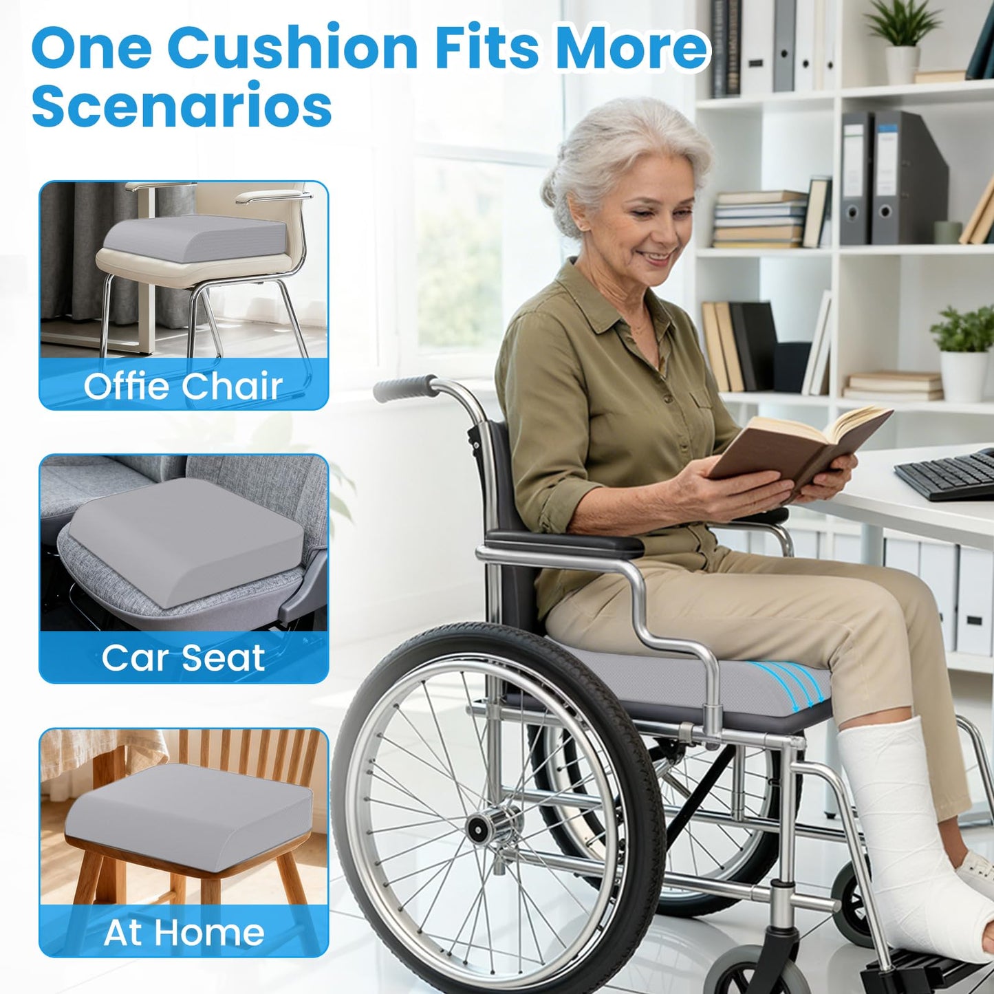 Wheelchair Seat Cushion for Pressure Relief, Cooling Gel Memory Foam Chair Cushion with Slope-Edge Design, Coccyx Support for Tailbone Pain, Non-Slip, for Wheelchairs, Office Chairs & Car Seats