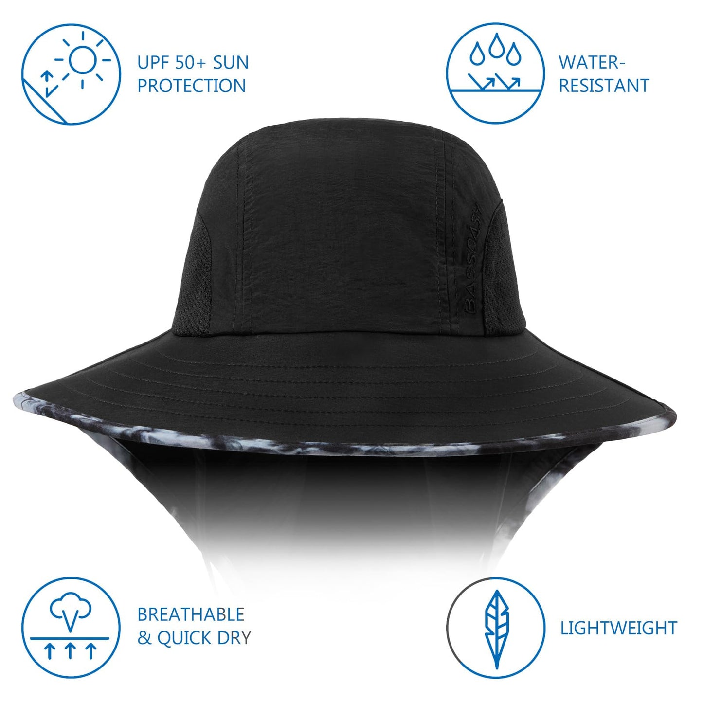 BASSDASH UPF 50+ Unisex Water Resistant Wide Brim Sun Hat with Large Neck Flap Ponytail Fishing Hat for Men Women