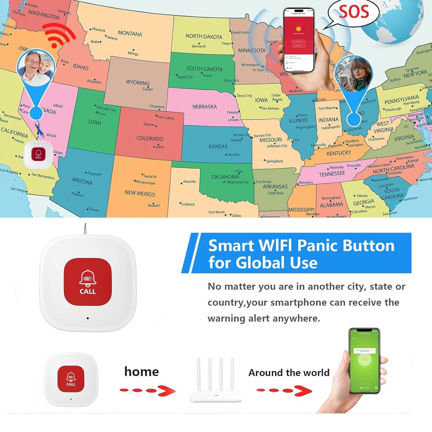 WiFi Caregiver Call Button for Elderly at Home w App Notification, Elderly Monitoring, Caregiver Pager, Life Alert Systems for Seniors No Monthly Fee,Compatible with Tuya Smart/Smart Life APP (1)